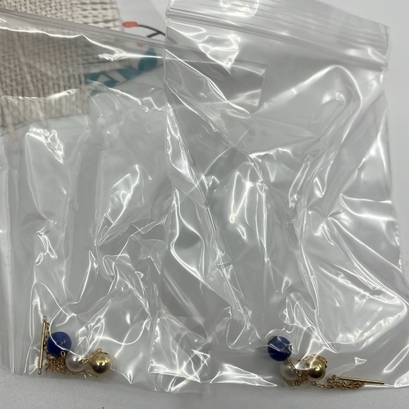 14K Gold Mexico Stamped Threader Earrings with Lapis Lazuli and Pearl Beads - Picture 9 of 11